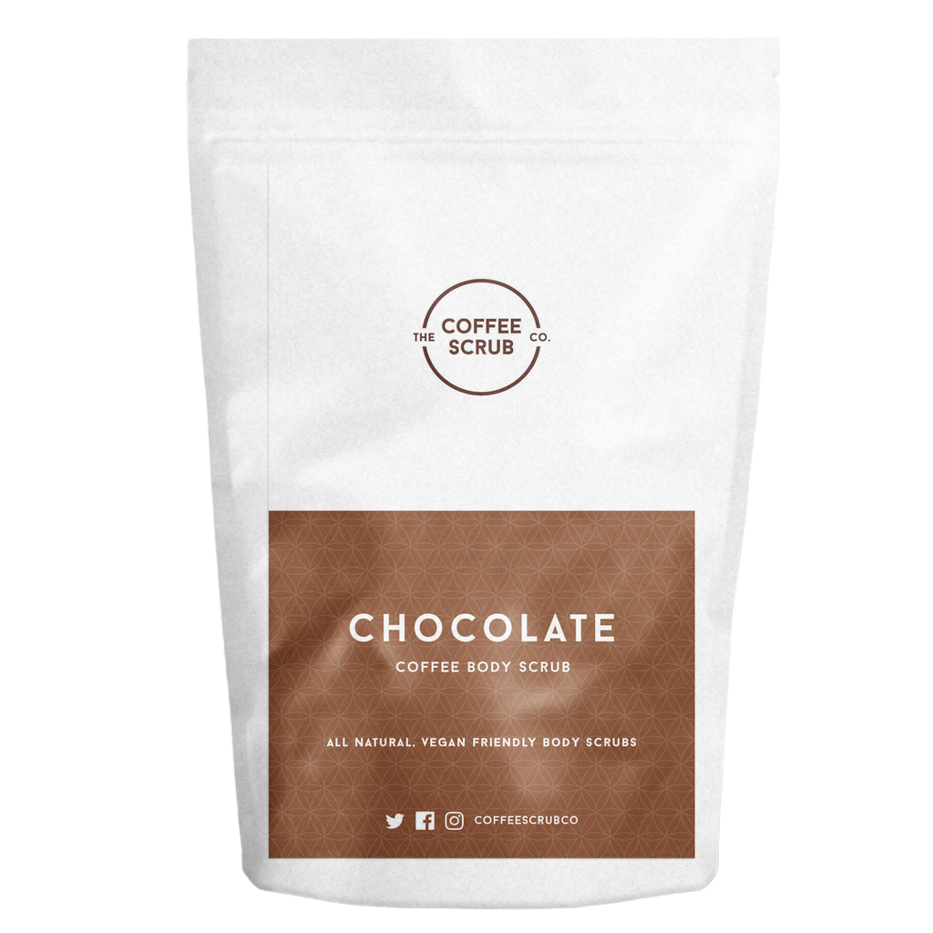 white pouch with chocolate coffee body scrub label